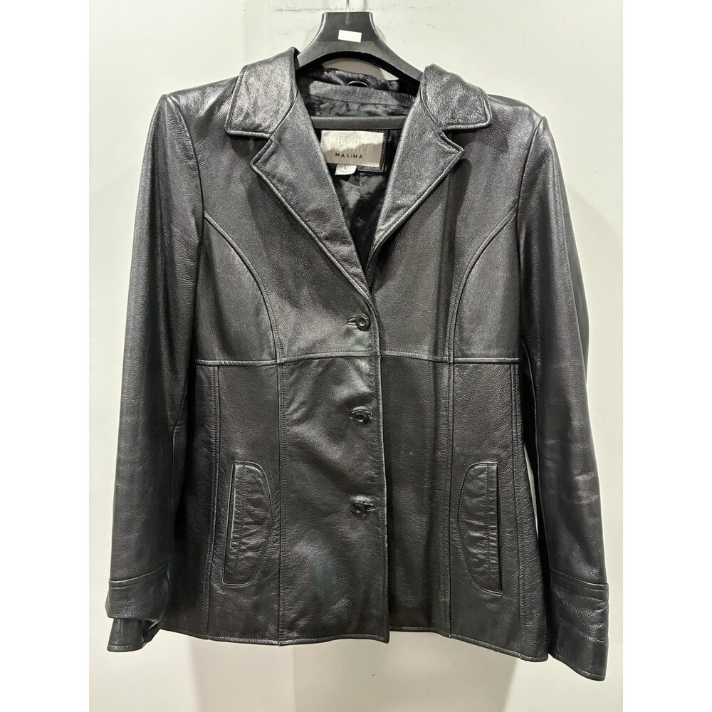 Vintage Y2K Wilsons Leather Maxima Fitted Black Leather 3 Button Blazer Jacket L